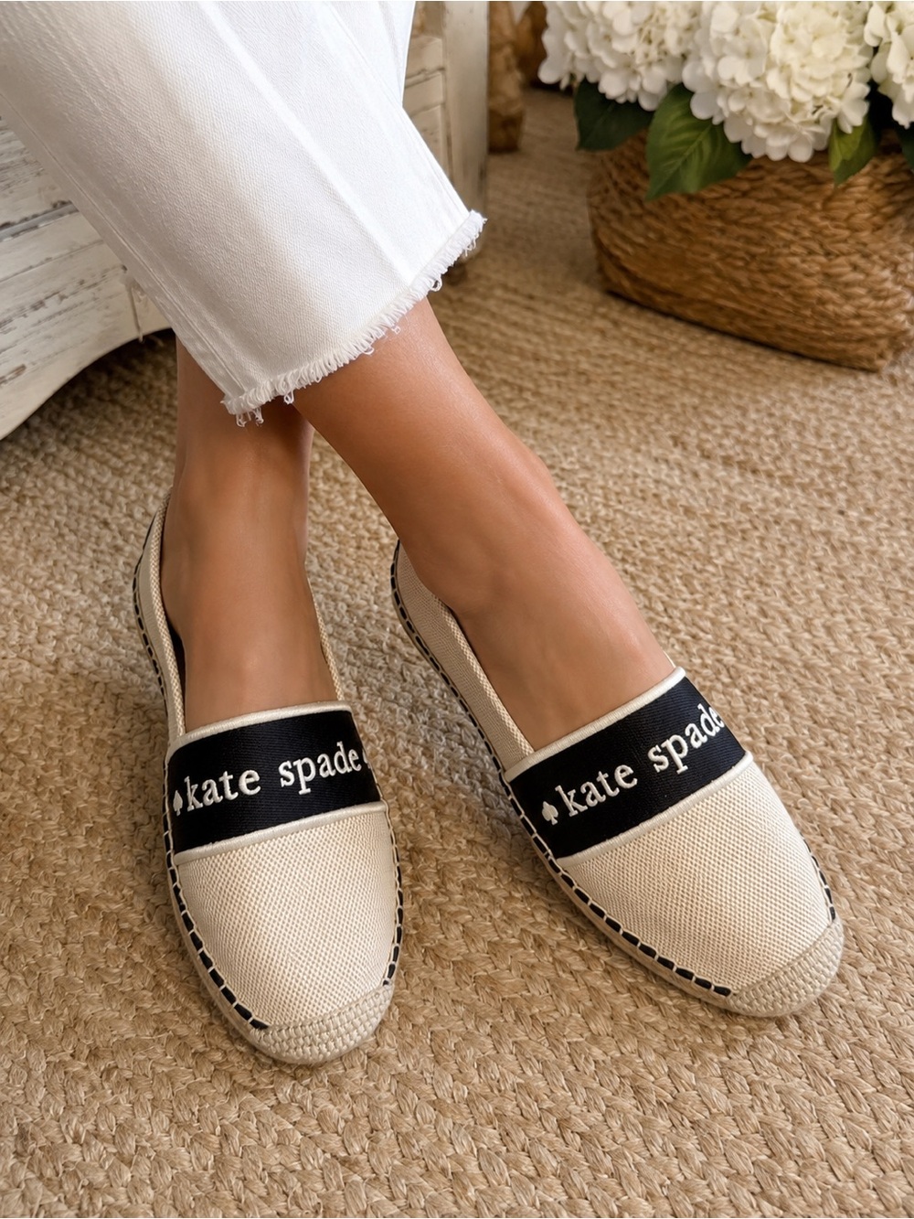 kate spade Cream Canvas Espadrilles with Black Logo Band